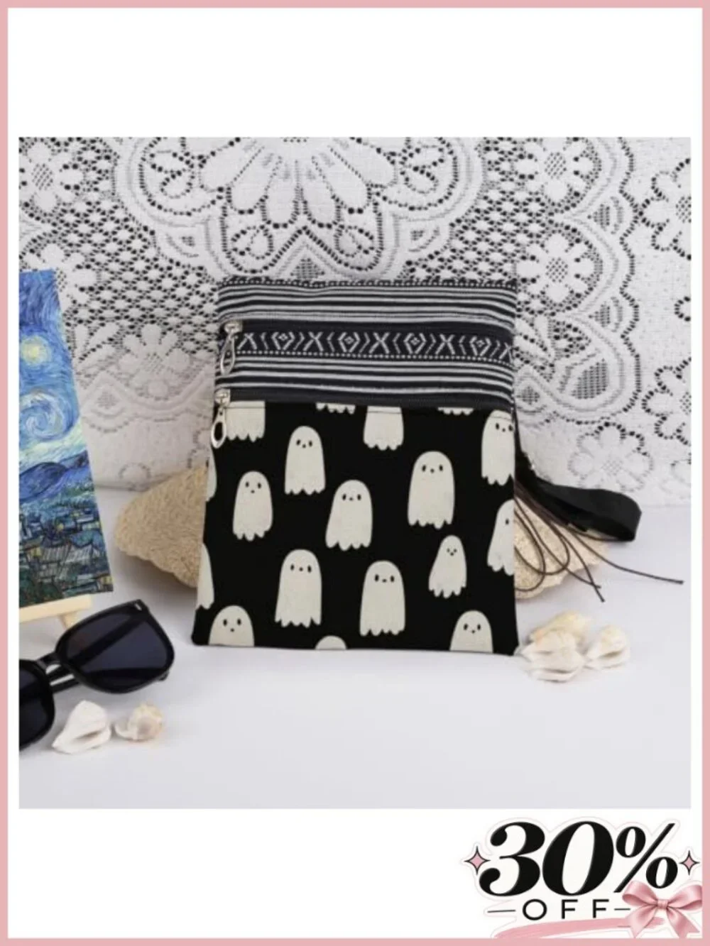 Ghost Print Crossbody Bag Minimalist Unisex Polyester Adjustable Strap